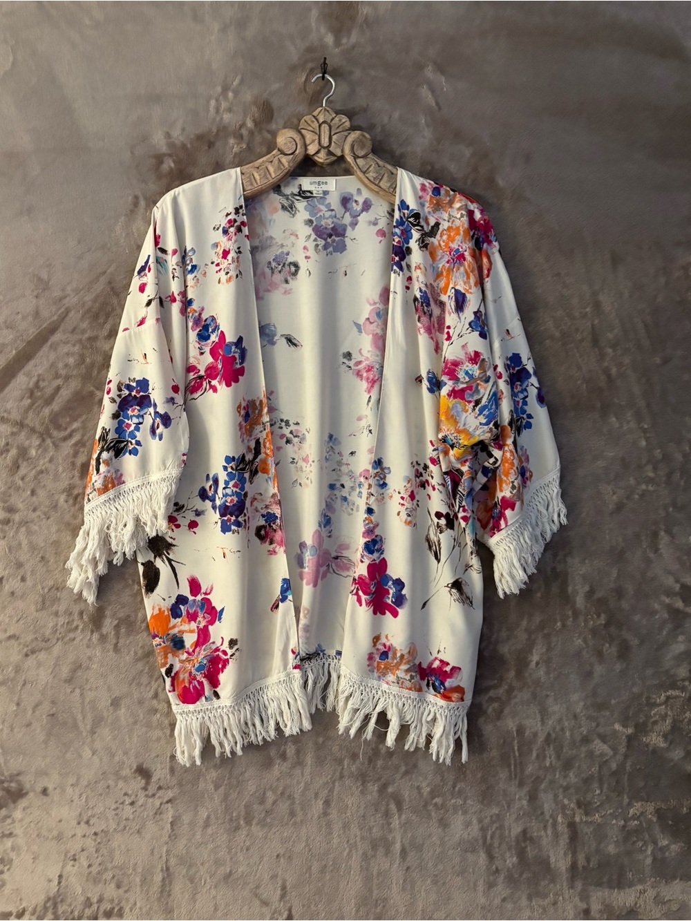 Umgee Women’s Floral Front Fringe Open-Front Kimono Cardigan White Multi Color M